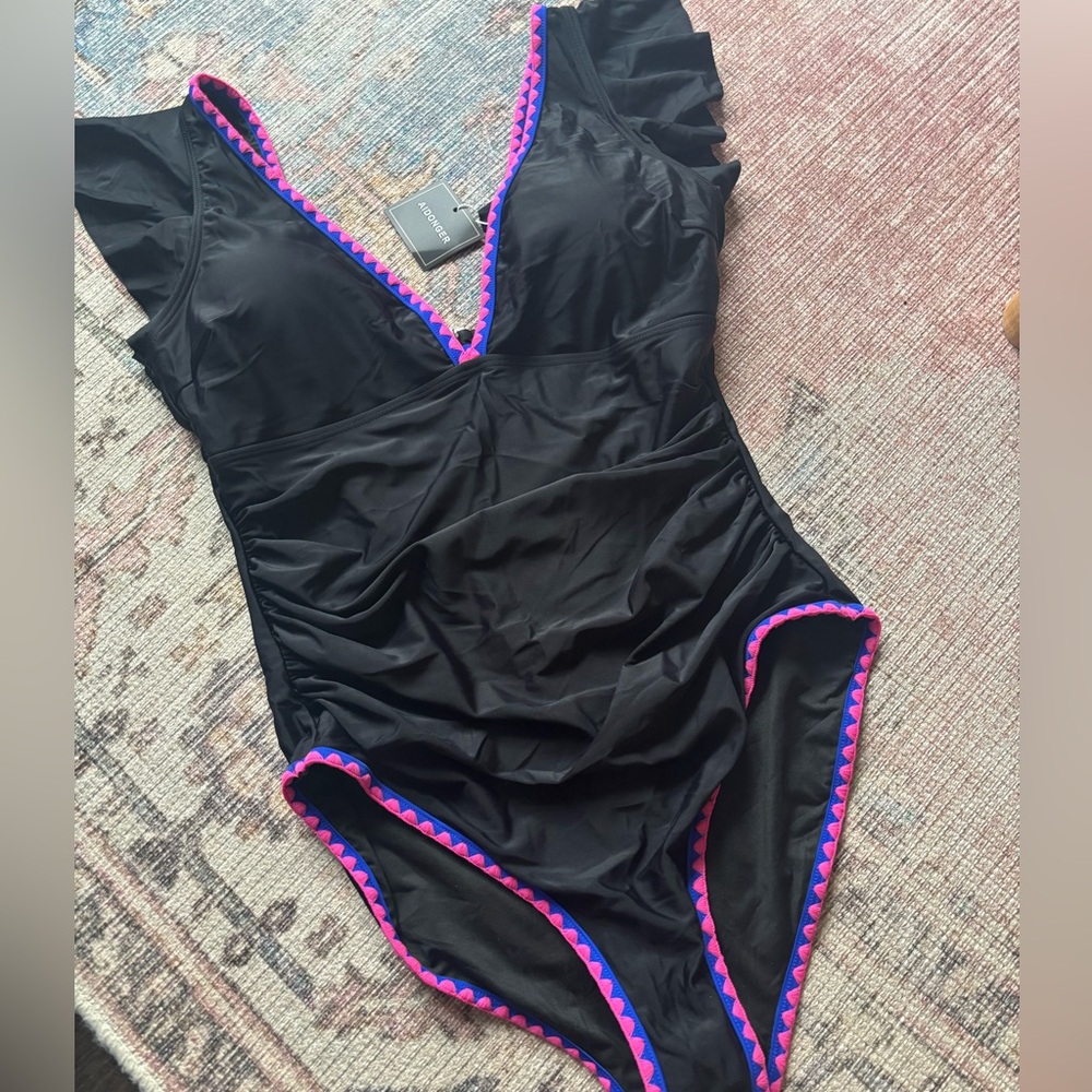 Black One-Piece Swimsuit with Pink & Blue Trim